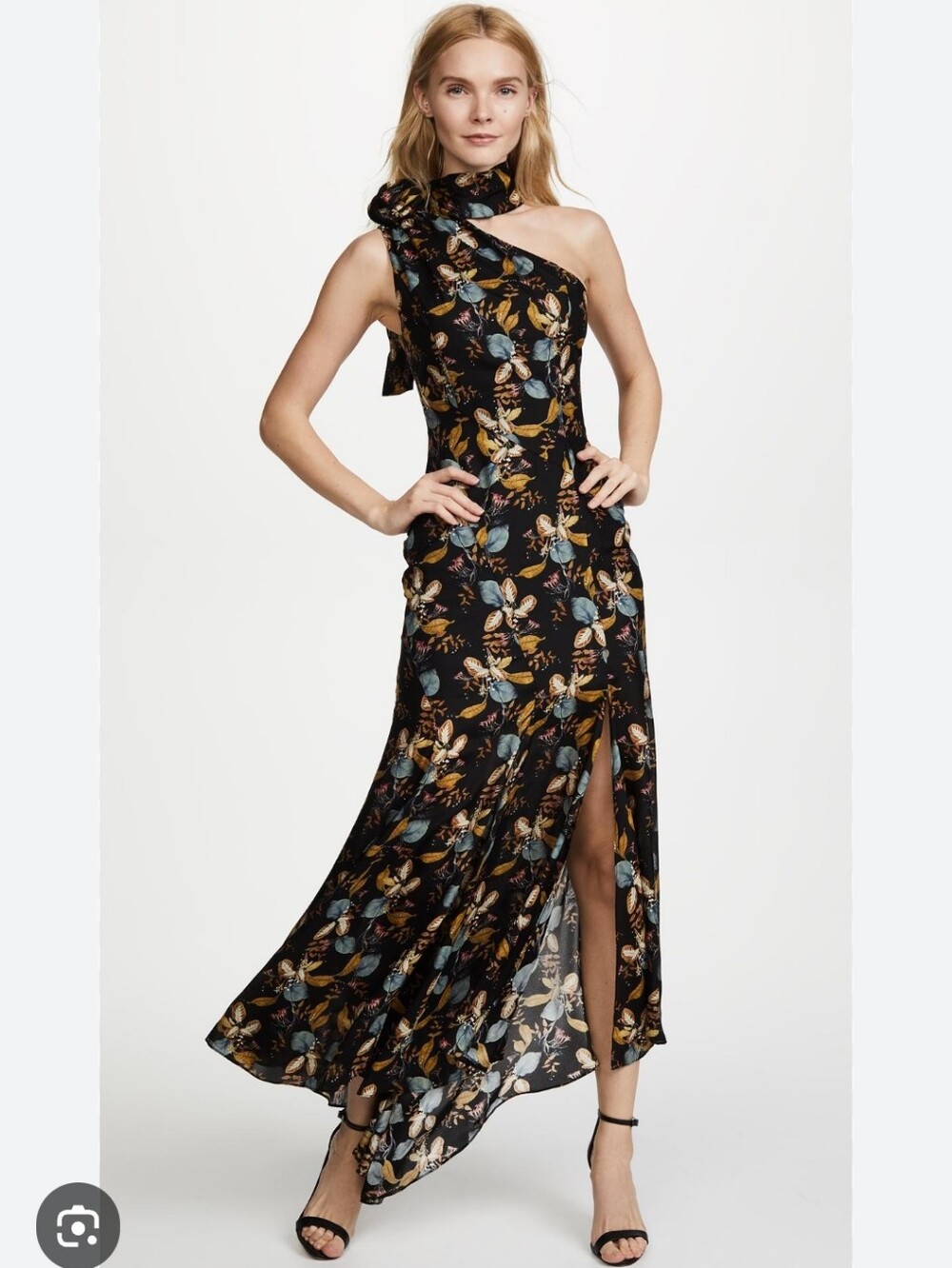 NICHOLAS Black Floral Halter Maxi Dress with Blue and Tan Accents